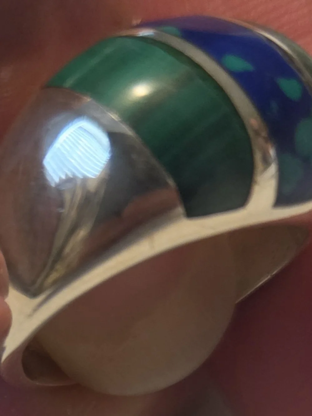 Men's Silver Ring with Green and Blue Inlay